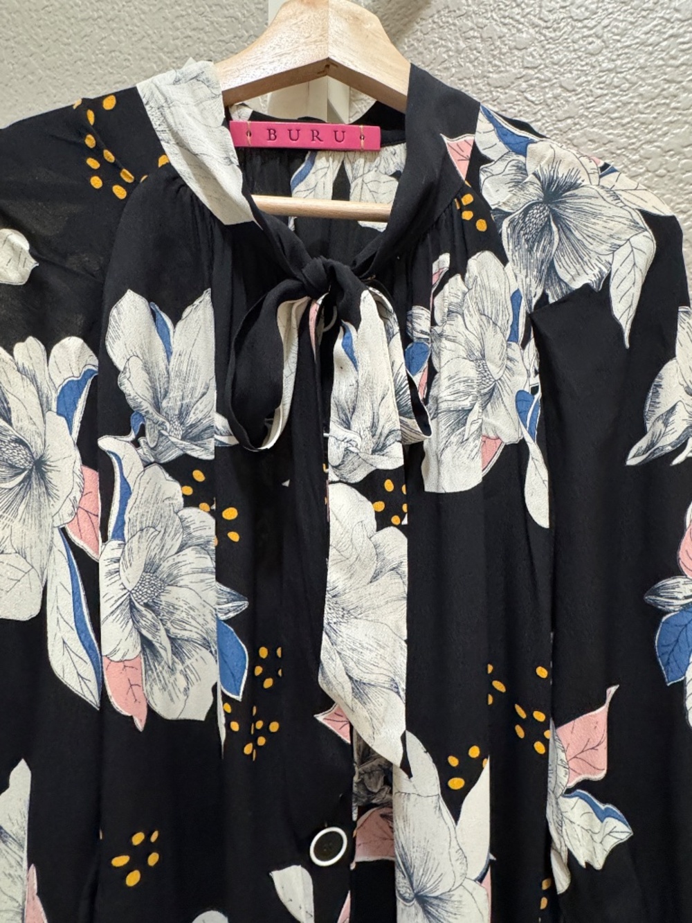 BURU Black Floral Maxi Dress Tie Neck Button Front Long Sleeve Statement - Picture 8 of 10